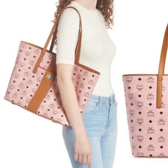 💯 NWT! MCM Anya Medium Visetos Zip Top Shopper In Soft Pink - Picture 3 of 13